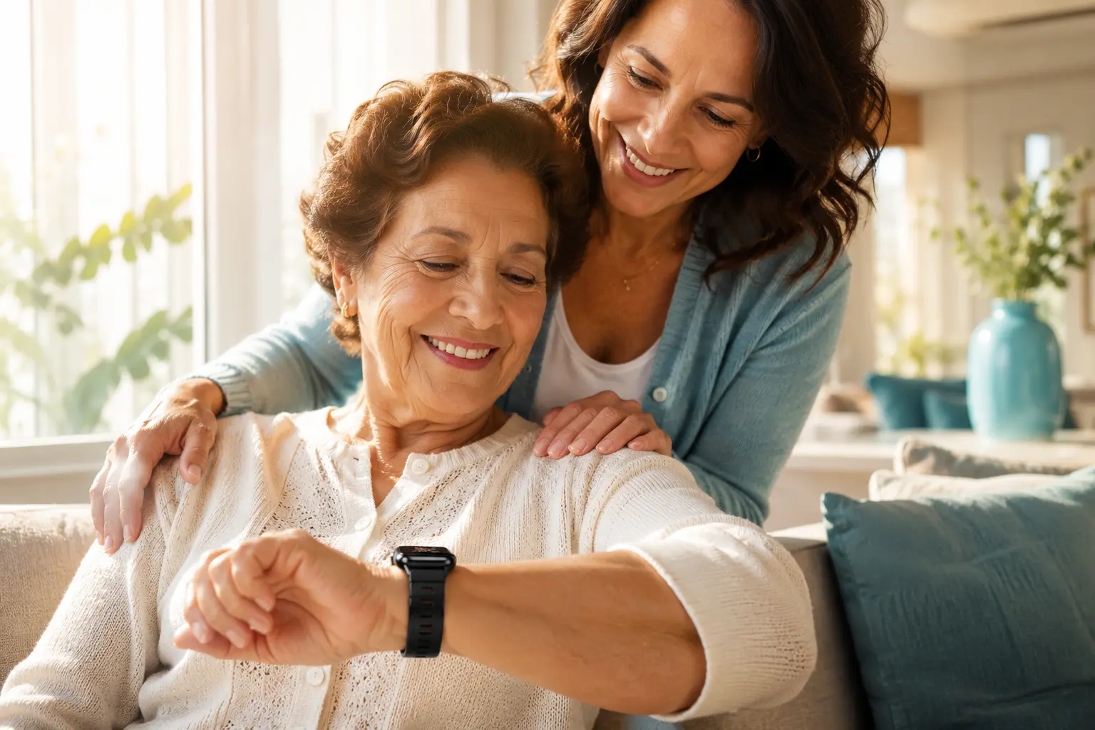 Persona mayor sonriendo con un familiar mientras revisa su reloj inteligente Geros